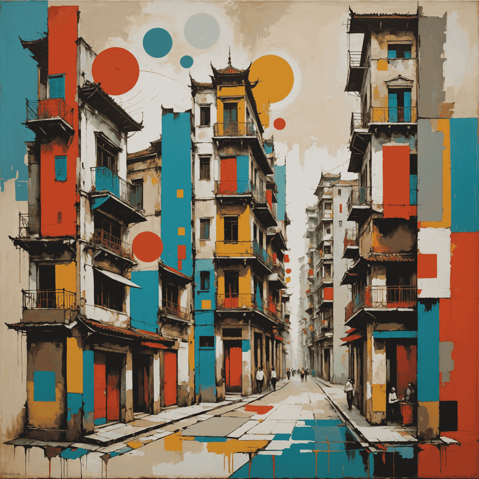 Abstract painting representing the evolution of modern art in Macao, showing a blend of Eastern and Western influences