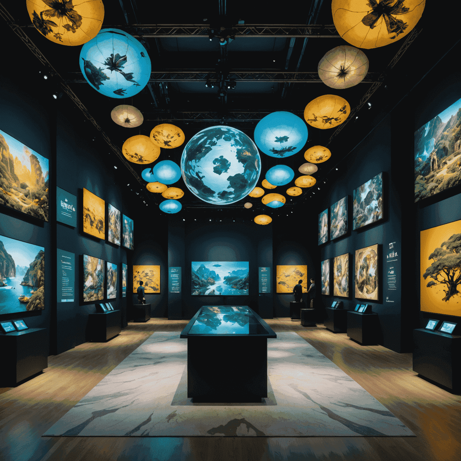 A panoramic view of the SuperNature Macao exhibition space, showcasing a mix of interactive digital installations and traditional art pieces