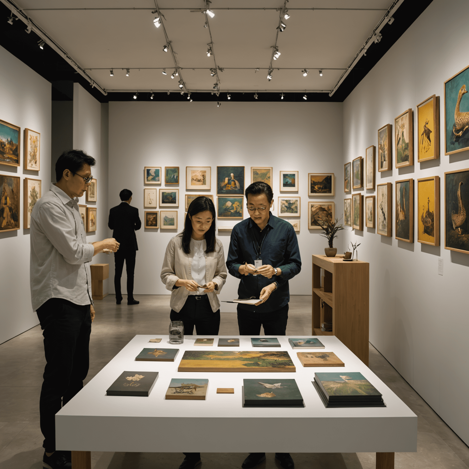 Behind-the-scenes image of art curators arranging exhibits at SuperNature Macao, showcasing the modern interior of the museum