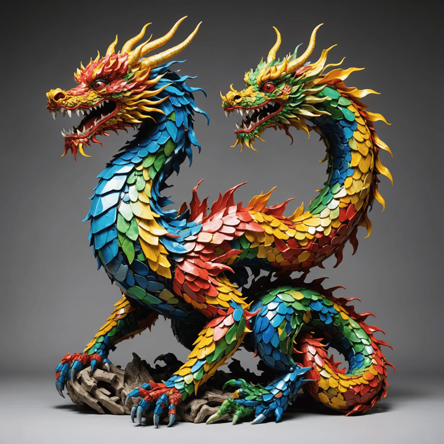 A striking sculpture by Maria Santos made from colorful plastic waste collected from Macao's beaches, formed into the shape of a traditional Chinese dragon