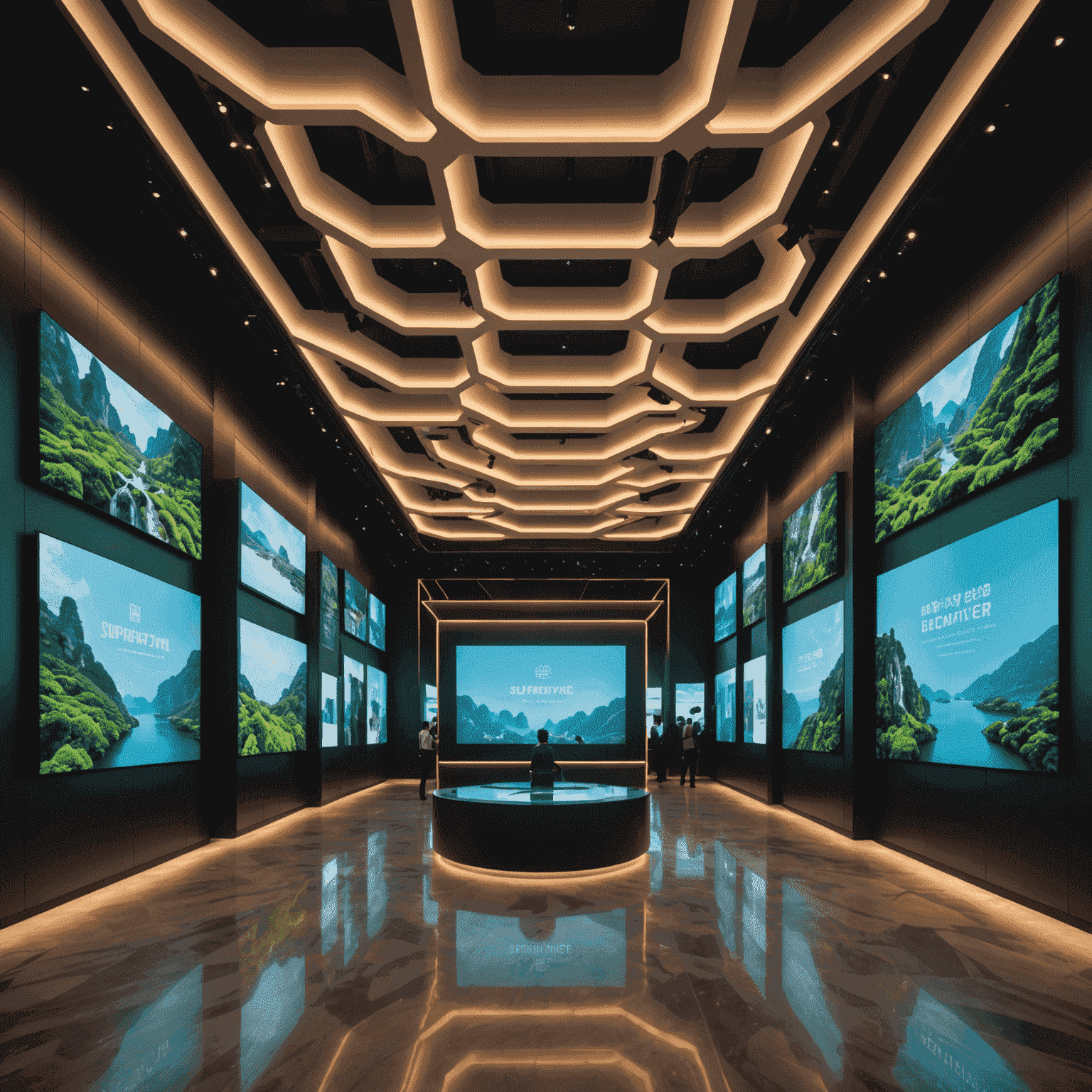 A futuristic exhibition space within SuperNature Macao, featuring seamless integration of digital displays with the architectural elements, blurring the lines between the building and the art