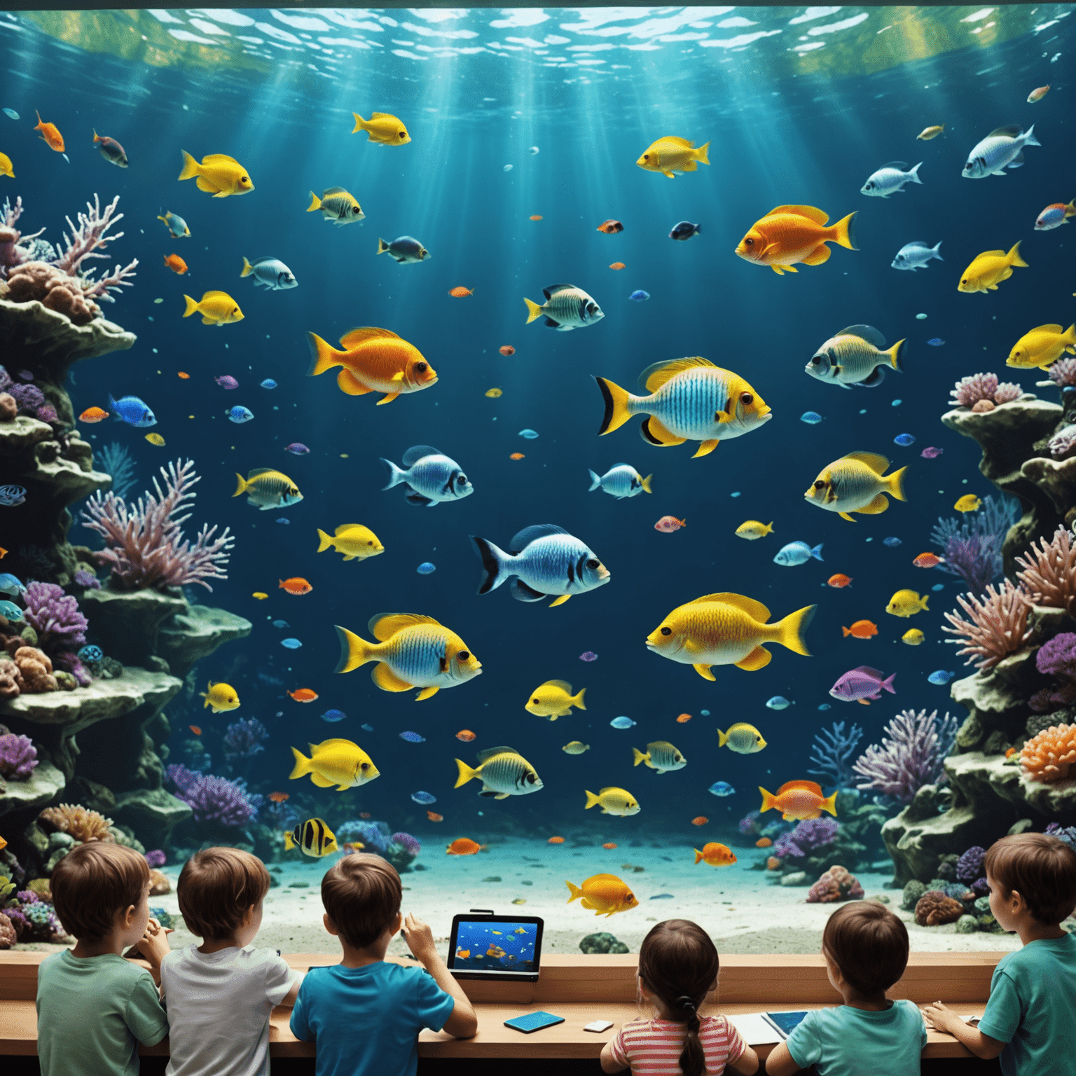 A large digital aquarium wall with colorful fish swimming. Children and adults are seen drawing sea creatures on paper, which are then scanned and appear swimming in the digital aquarium.