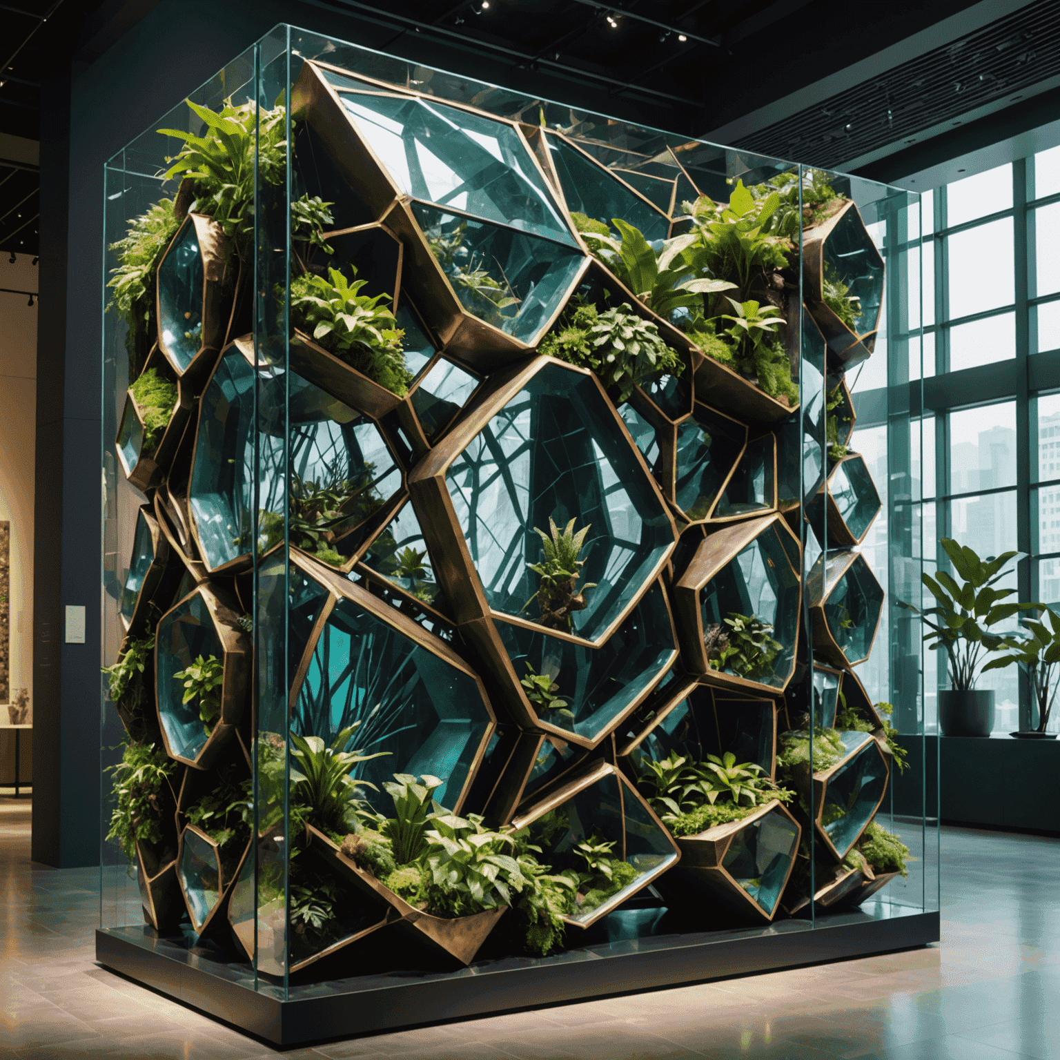 An architectural detail of SuperNature Macao showing the intersection of different materials - glass, metal, and organic forms - symbolizing the meeting of technology and nature in the museum's concept