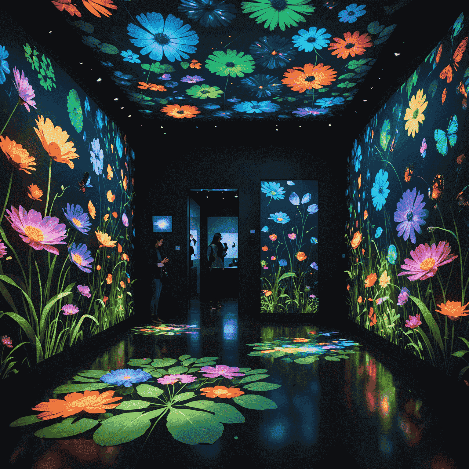 A dark room with floors and walls covered in projected digital ecosystems. Visitors interact with colorful flowers, animals, and insects that respond to touch and movement.